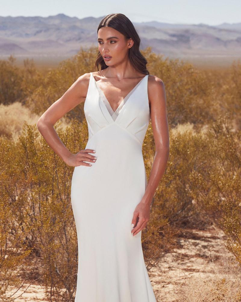 Lp2410 satin v neck wedding dress with open back and tank straps3